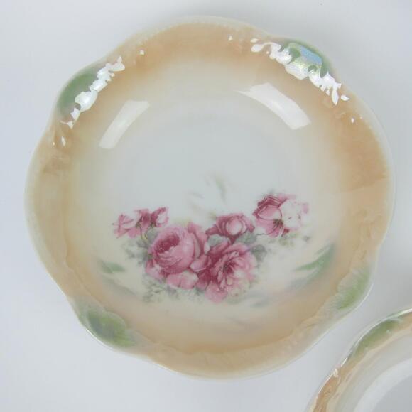 5 Antique Porcelain Bowls Lusterware Roses Pink Green Three Crown China Germany - Picture 2 of 9